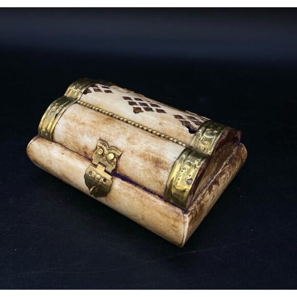 Other - Camel Bone Treasure Chest Jewelry Trinket Box Brass Velvet Lined 3”x2" Vintage